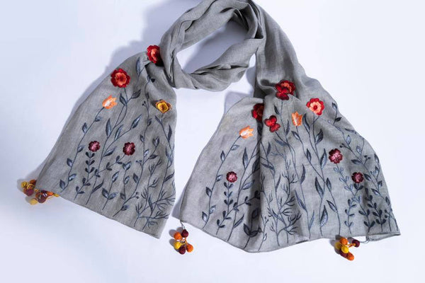 Buy Grey Linen Scarf With Embroidered Florals And Handmade Tassels | Shop Verified Sustainable Womens Scarf on Brown Living™