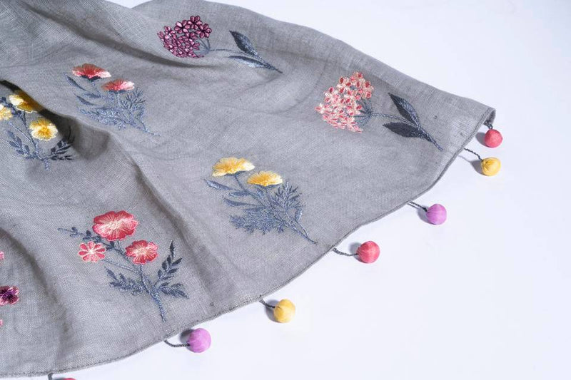 Buy Grey Linen Scarf With Embroidered Flower Bunches & Fancy Tassels | Shop Verified Sustainable Womens Scarf on Brown Living™
