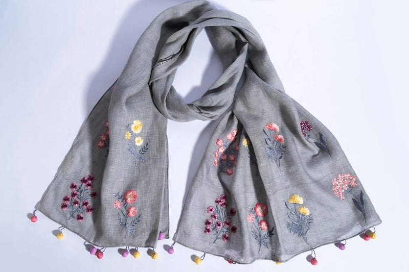 Buy Grey Linen Scarf With Embroidered Flower Bunches & Fancy Tassels | Shop Verified Sustainable Products on Brown Living