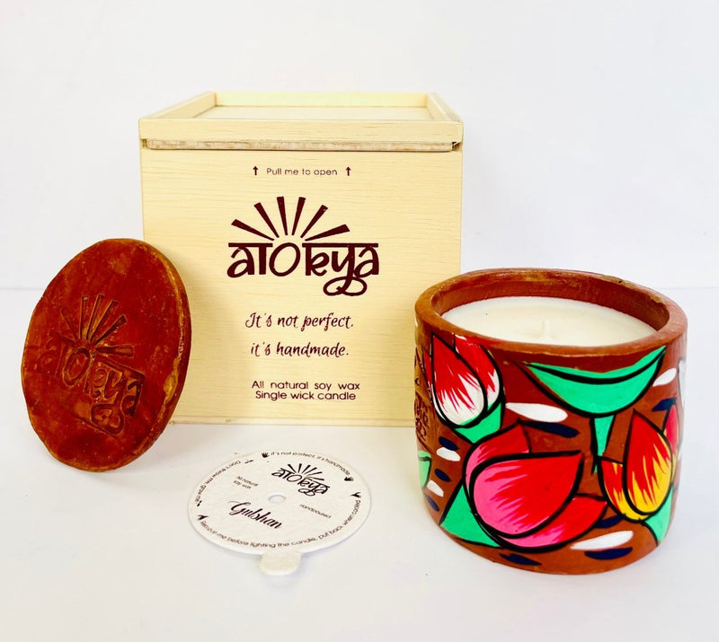 Buy Gulshan Scented Soy Wax Candle | Folk art on Terracotta Jar | Shop Verified Sustainable Products on Brown Living