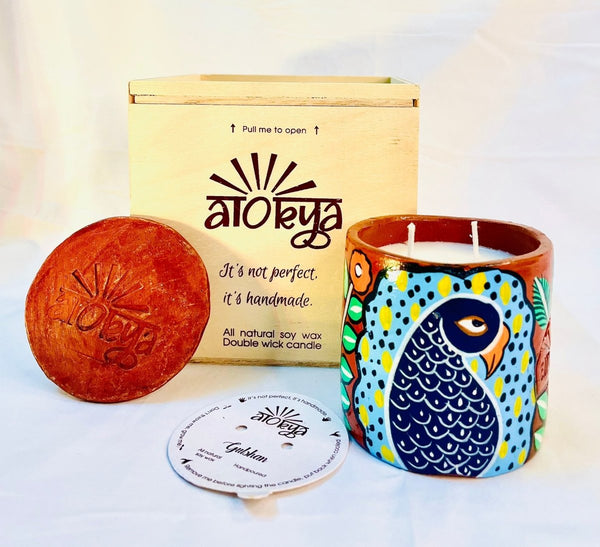 Buy Gulshan Scented Soy Wax Candle | Folk art on Terracotta Jar | Shop Verified Sustainable Candles & Fragrances on Brown Living™