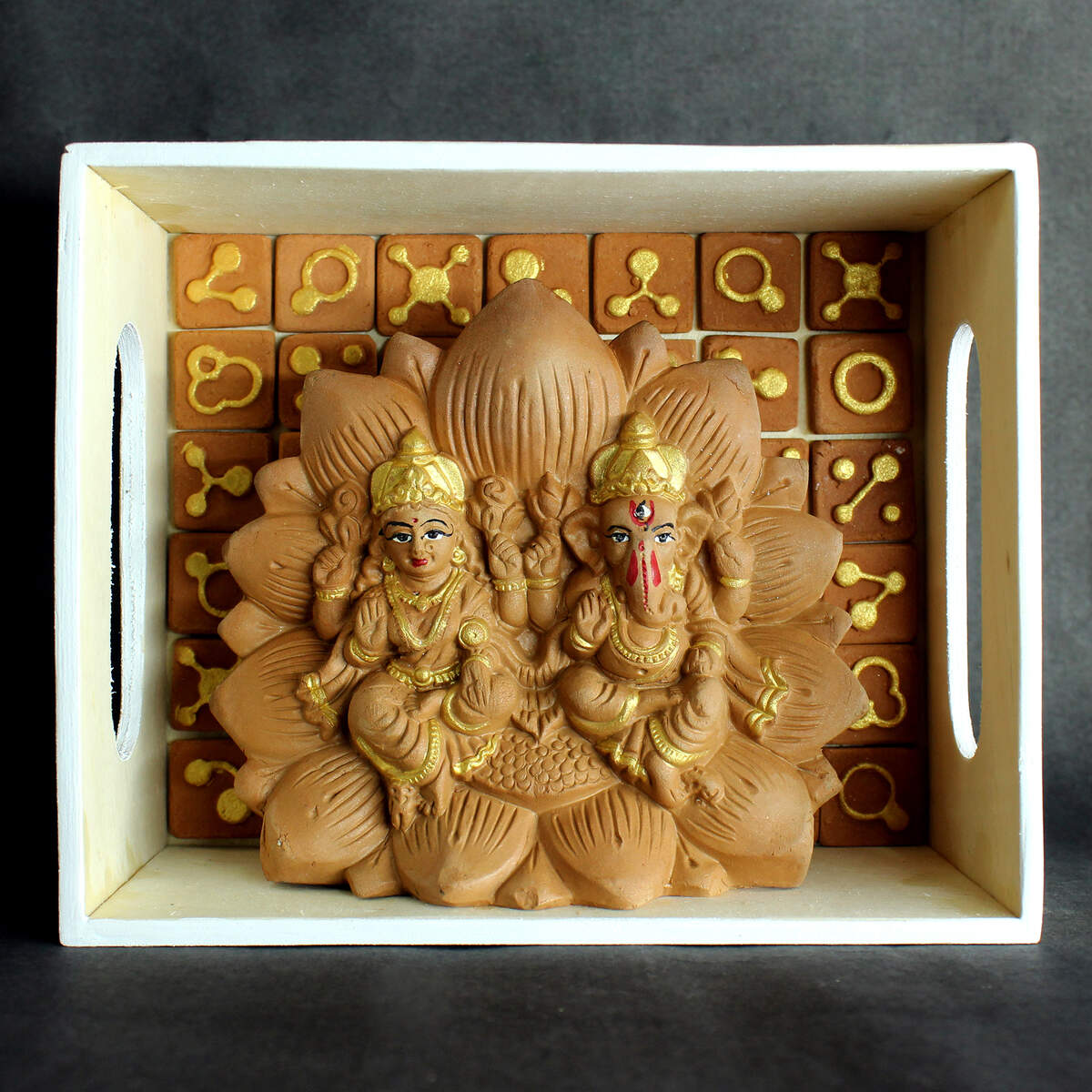 Hancrafted Terracotta Laxmi & Ganpati Lotus Idol - (S) | Verified Sustainable by Brown Living™