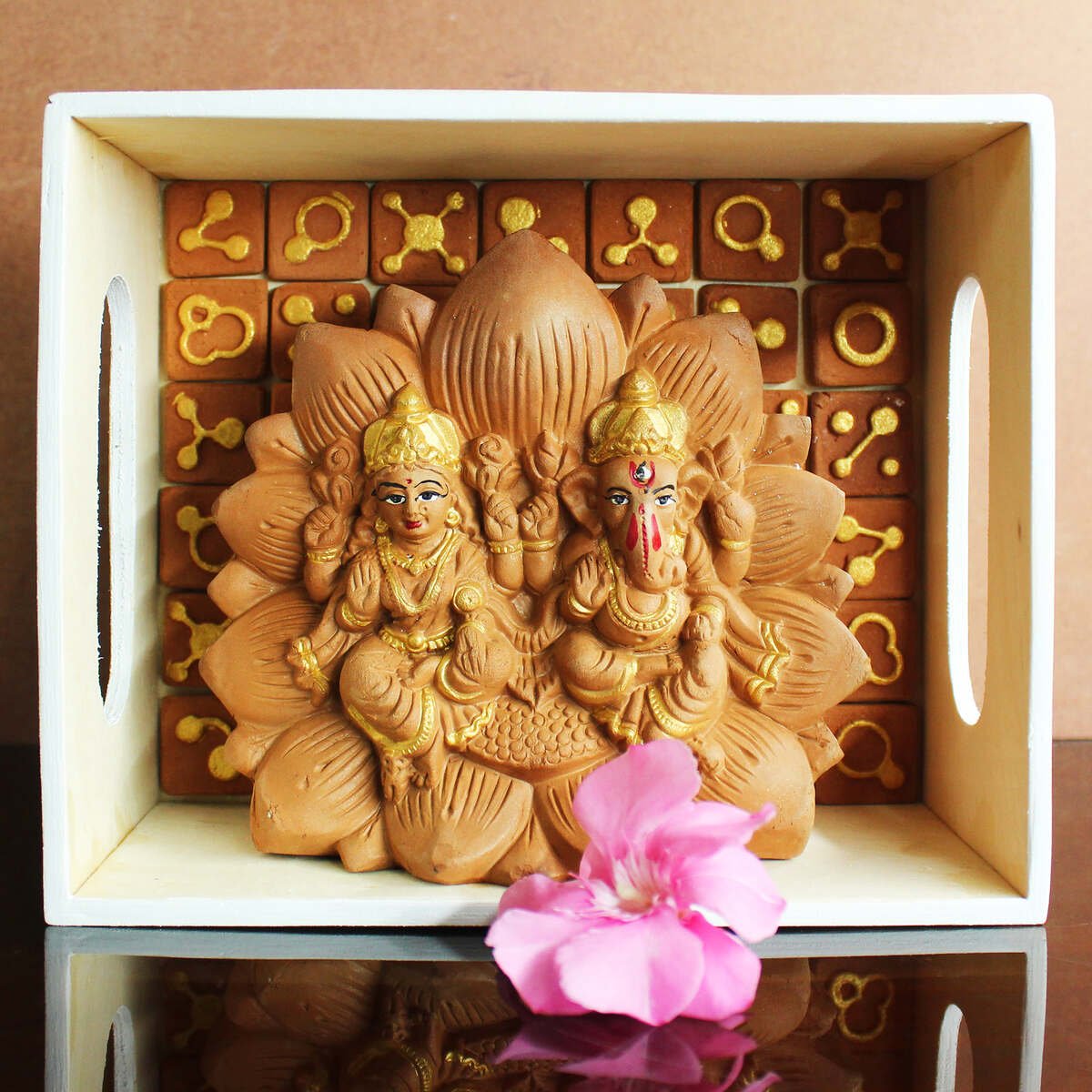 Hancrafted Terracotta Laxmi & Ganpati Lotus Idol - (S) | Verified Sustainable by Brown Living™