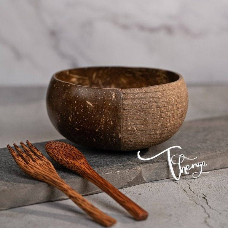 Buy Hand Carved Jumbo Coconut Bowl - 900 ML, 1 Bowl with Spoon and Fork Brown, Pack of 1 | Shop Verified Sustainable Serving Set on Brown Living™