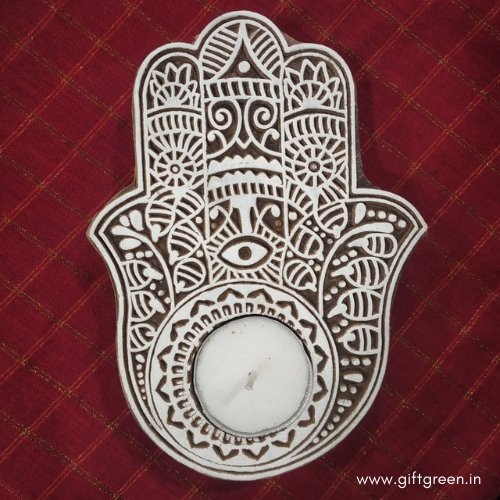 Buy Hand Carved Wooden Candle Holder - Hamsa Palm Design | Shop Verified Sustainable Candles & Fragrances on Brown Living™