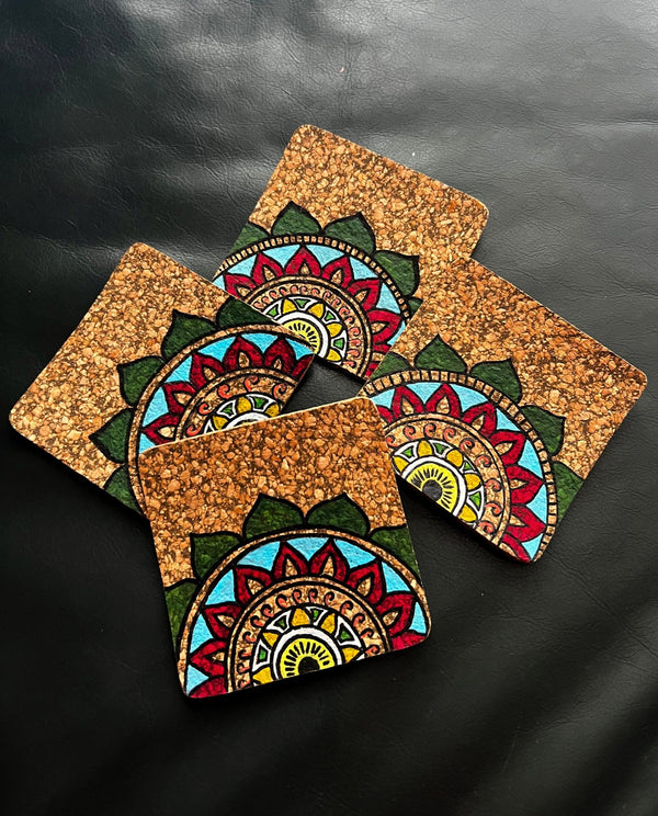 Hand Painted Cork Coasters- Multi Colour | Verified Sustainable Table Decor on Brown Living™