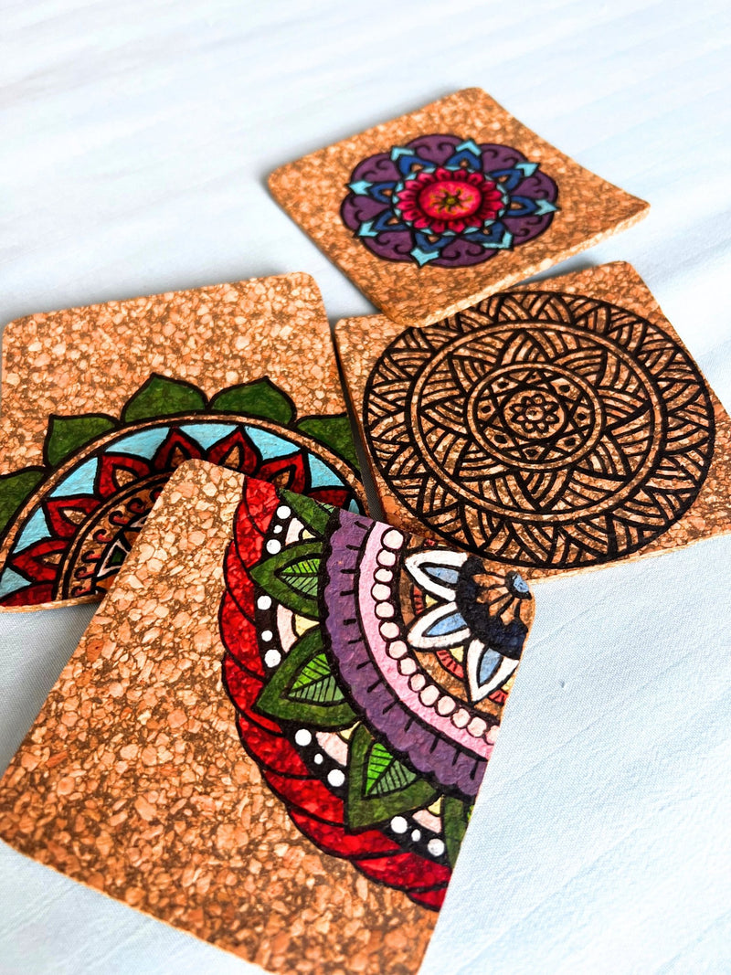 Hand Painted Cork Coasters- Multi Colour Rangoli | Verified Sustainable Table Decor on Brown Living™