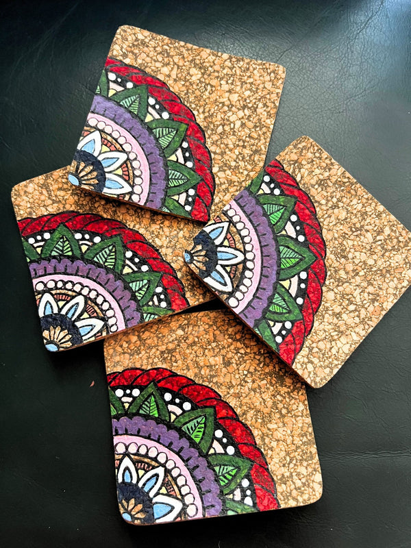 Hand Painted Cork Coasters- Set of 4 | Verified Sustainable Table Decor on Brown Living™