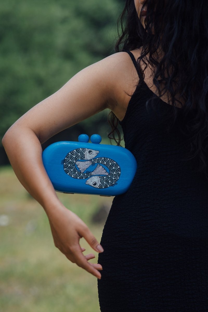 Hand Painted Wooden Azure Machlee Clutch | Verified Sustainable by Brown Living™