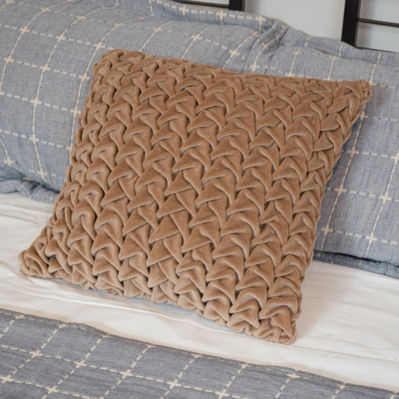 Buy Hand Pleated Cross Mocha Cushion Cover 18x18 inches | Shop Verified Sustainable Covers & Inserts on Brown Living™