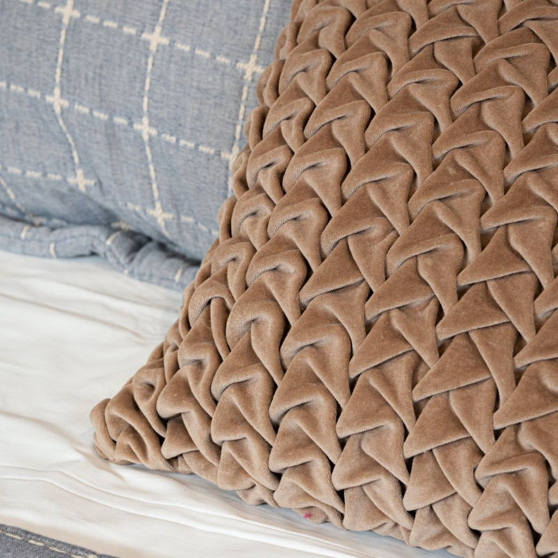 Buy Hand Pleated Cross Mocha Cushion Cover 18x18 inches | Shop Verified Sustainable Covers & Inserts on Brown Living™