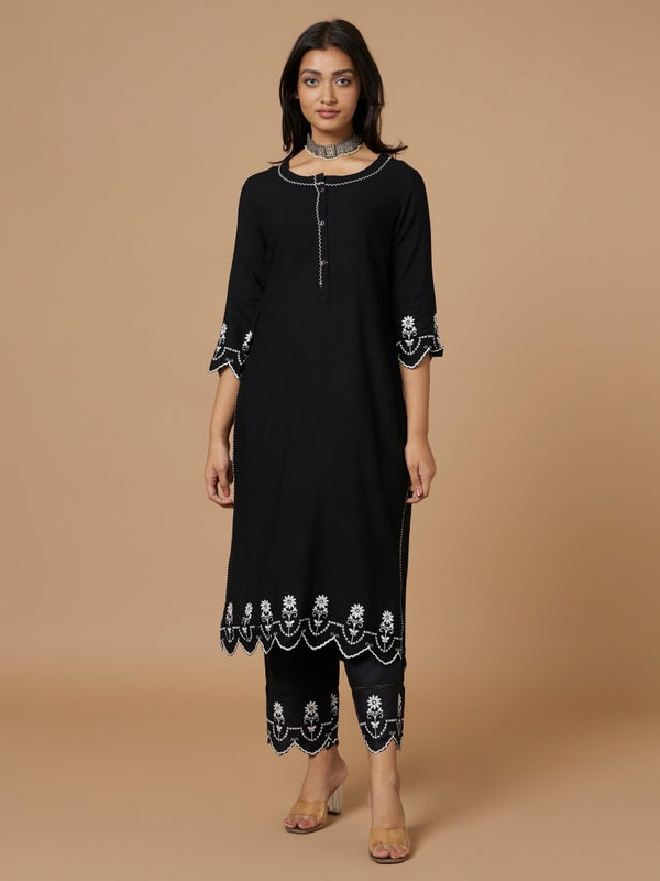 Buy Hand Scalloped Cutwork Black Linen Kurta Set | Shop Verified Sustainable Products on Brown Living