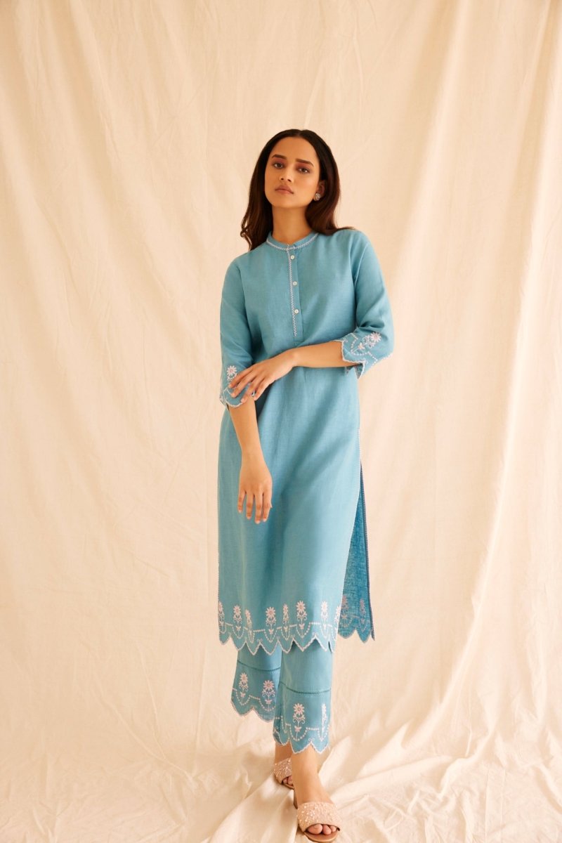 Buy Hand Scalloped Cutwork Blue Linen Kurta Set | Shop Verified Sustainable Products on Brown Living