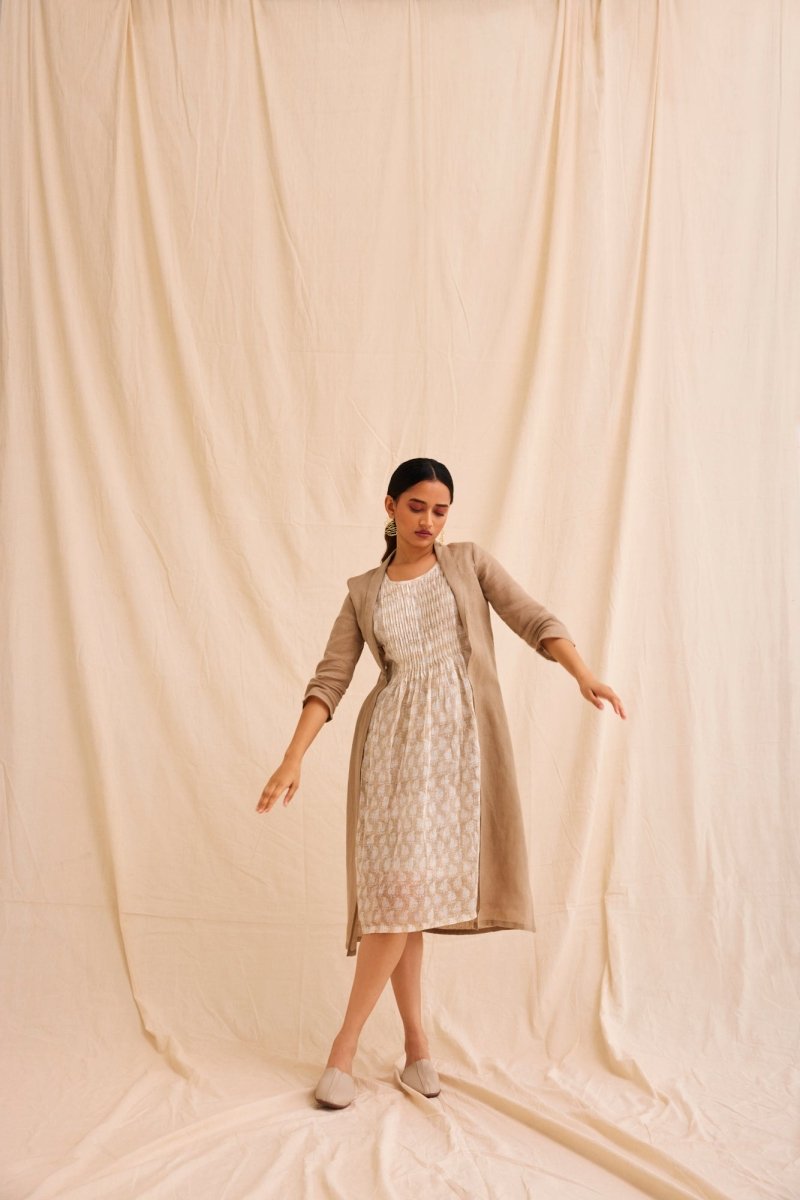 Buy Handblock Printed Dress with Linen Overlay | Shop Verified Sustainable Products on Brown Living