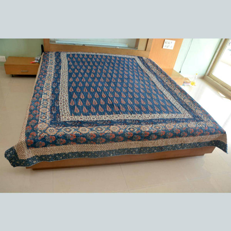 Buy Handcrafted Kantha Craft Bedcover with Patchwork - Indigo with Pine Tree Design - 108x90 inch | Shop Verified Sustainable Products on Brown Living