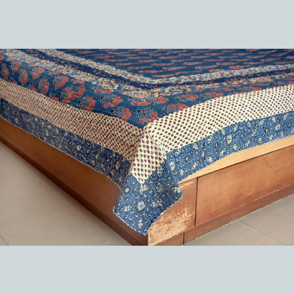 Buy Handcrafted Kantha Craft Bedcover with Patchwork - Indigo with Pine Tree Design - 108x90 inch | Shop Verified Sustainable Products on Brown Living