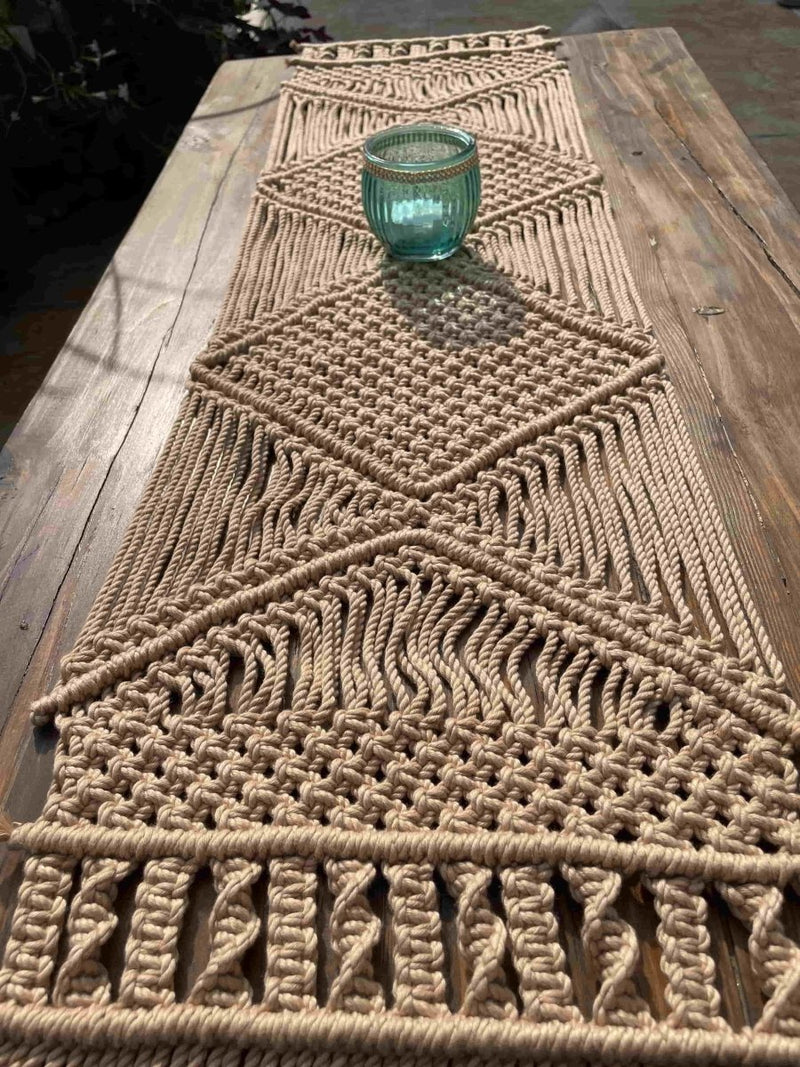 Buy Handcrafted Natural Macrame Cotton Table Runner 3ft | Shop Verified Sustainable Table Essentials on Brown Living™