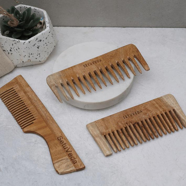 Buy Handcrafted | Neem Wood Combs | Anti-HairFall | Pack of 3 | Shop Verified Sustainable Hair Comb on Brown Living™
