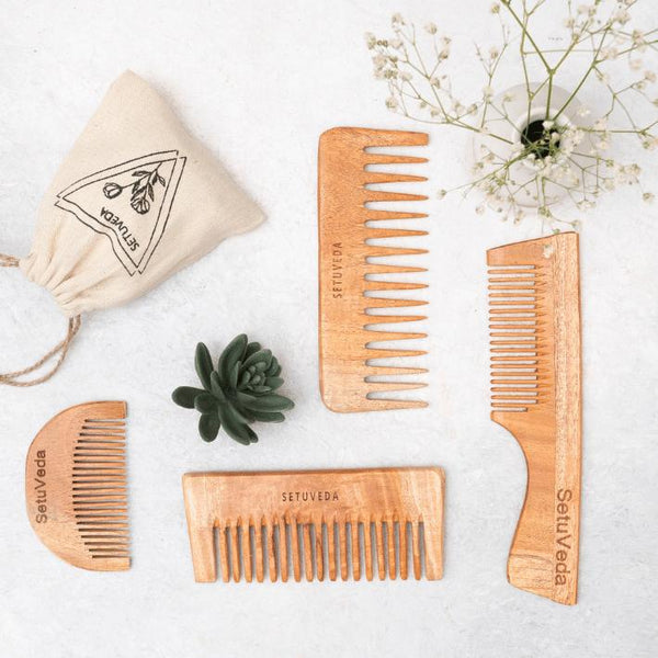 Buy Handcrafted | Neem Wood Combs | Anti-HairFall | Pack of 4 | Shop Verified Sustainable Hair Comb on Brown Living™