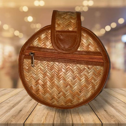 Handcrafted Round Shital Pati & Jute Sling Bag | Verified Sustainable by Brown Living™