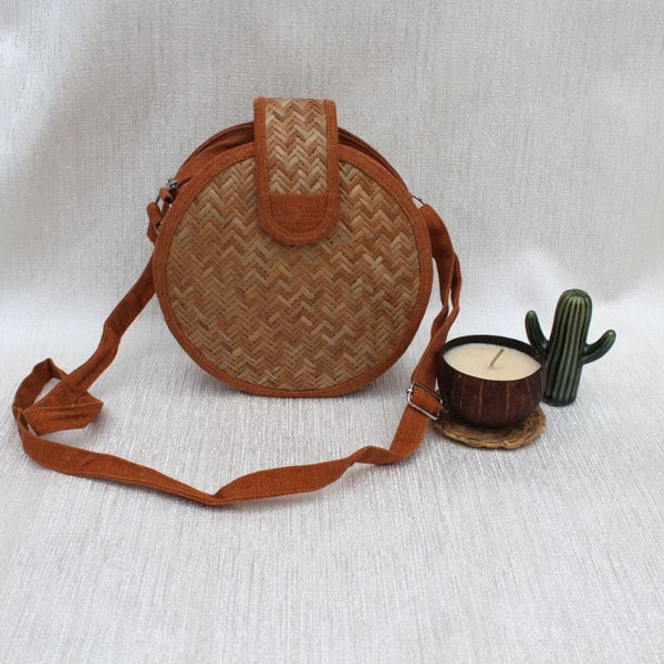 Handcrafted Round Shital Pati & Jute Sling Bag | Verified Sustainable Womens Handbag on Brown Living™