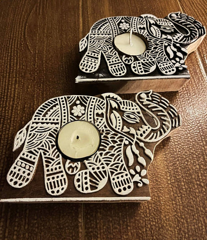 Handcrafted Wooden Diya | Tea light holders | Elephant Design | Verified Sustainable by Brown Living™