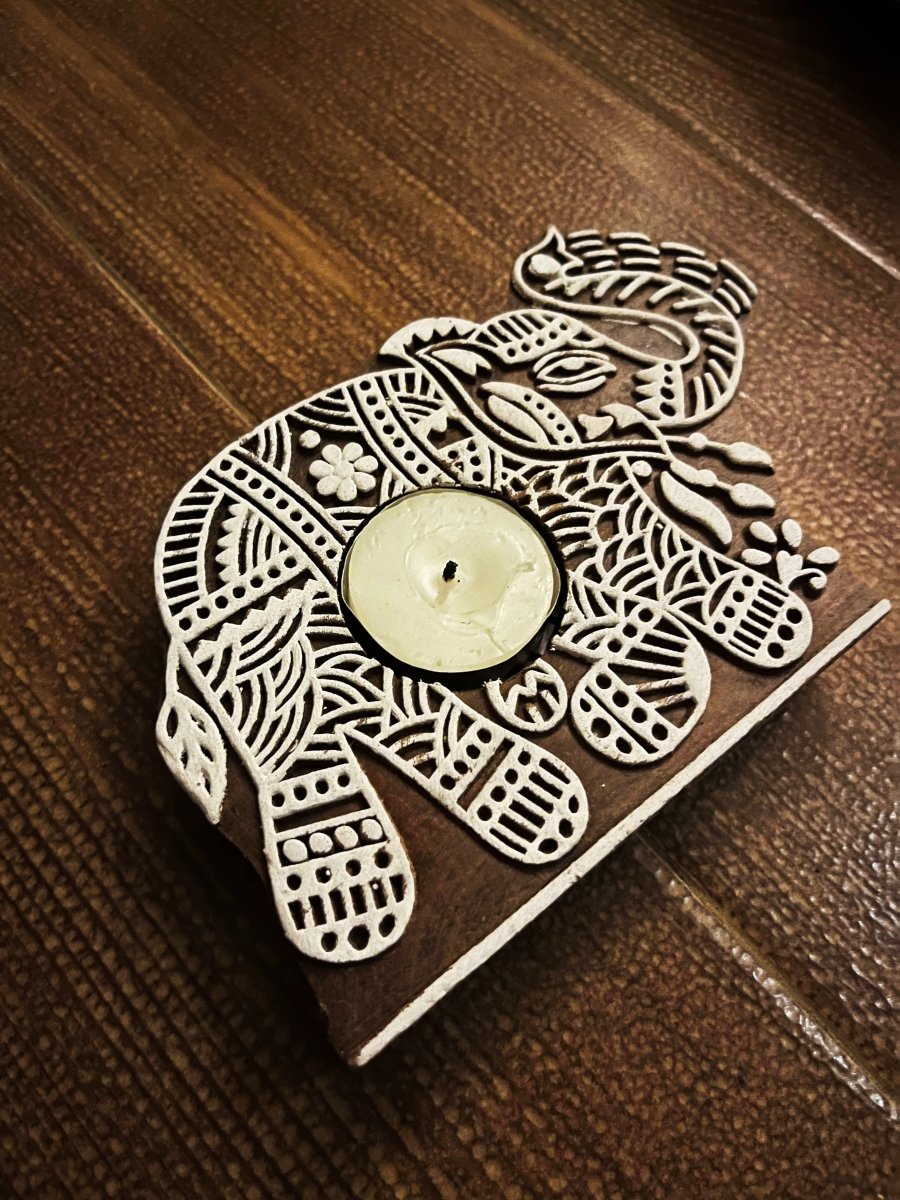 Handcrafted Wooden Diya | Tea light holders | Elephant Design | Verified Sustainable by Brown Living™