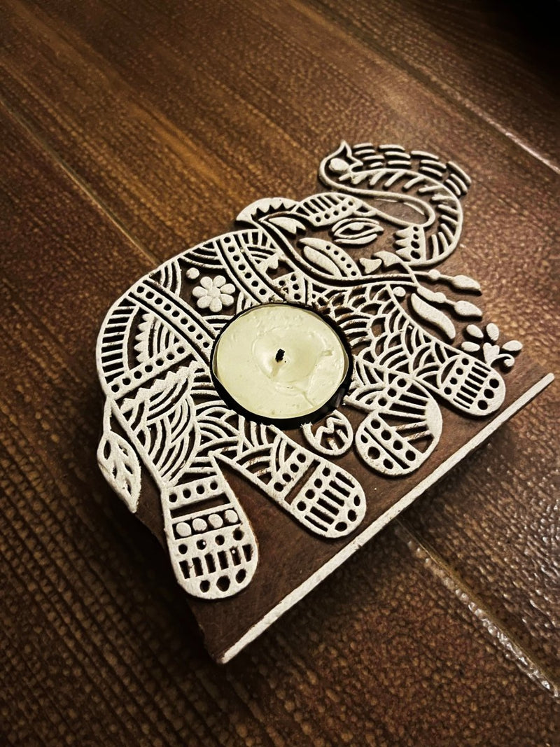 Buy Handcrafted Wooden Diya | Tea light holders | Elephant Design | Shop Verified Sustainable Candles & Fragrances on Brown Living™