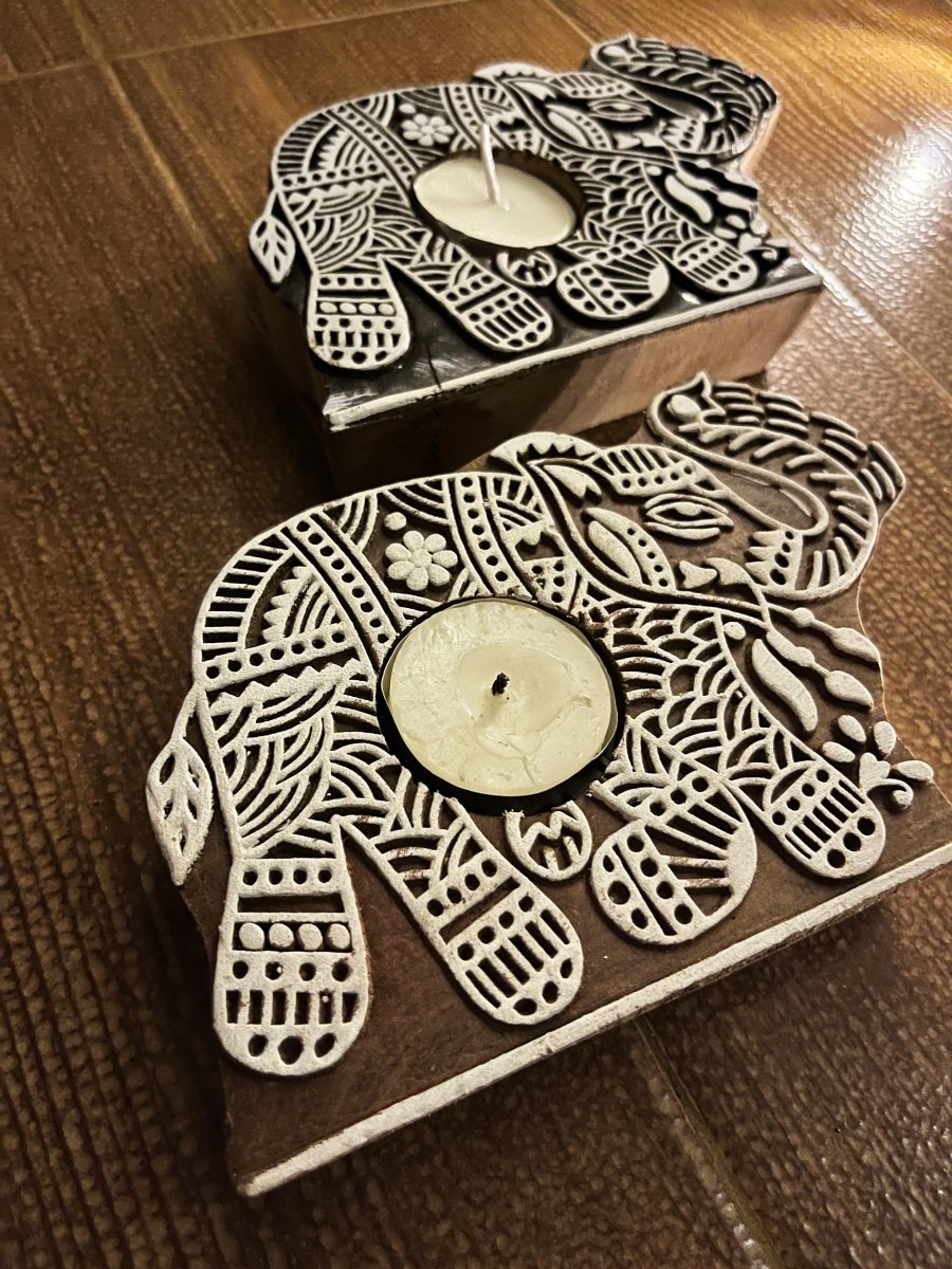 Handcrafted Wooden Diya | Tea light holders | Elephant Design | Verified Sustainable by Brown Living™