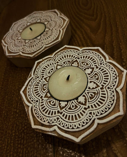 Handcrafted Wooden Diya | Tea light holders | Flower Design | Verified Sustainable by Brown Living™