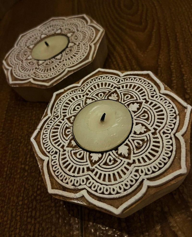 Buy Handcrafted Wooden Diya | Tea light holders | Flower design | Shop Verified Sustainable Gift on Brown Living™