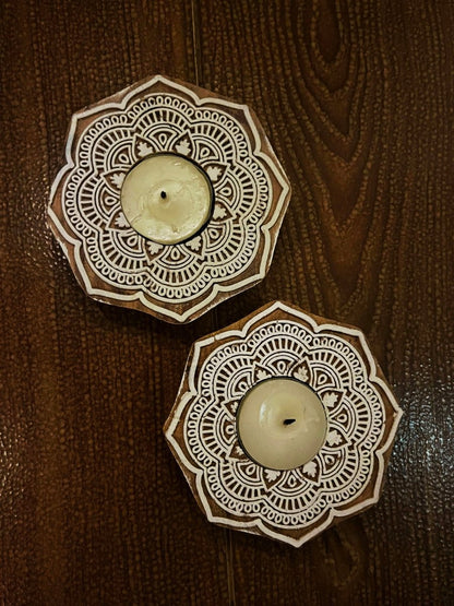 Handcrafted Wooden Diya | Tea light holders | Flower Design | Verified Sustainable by Brown Living™