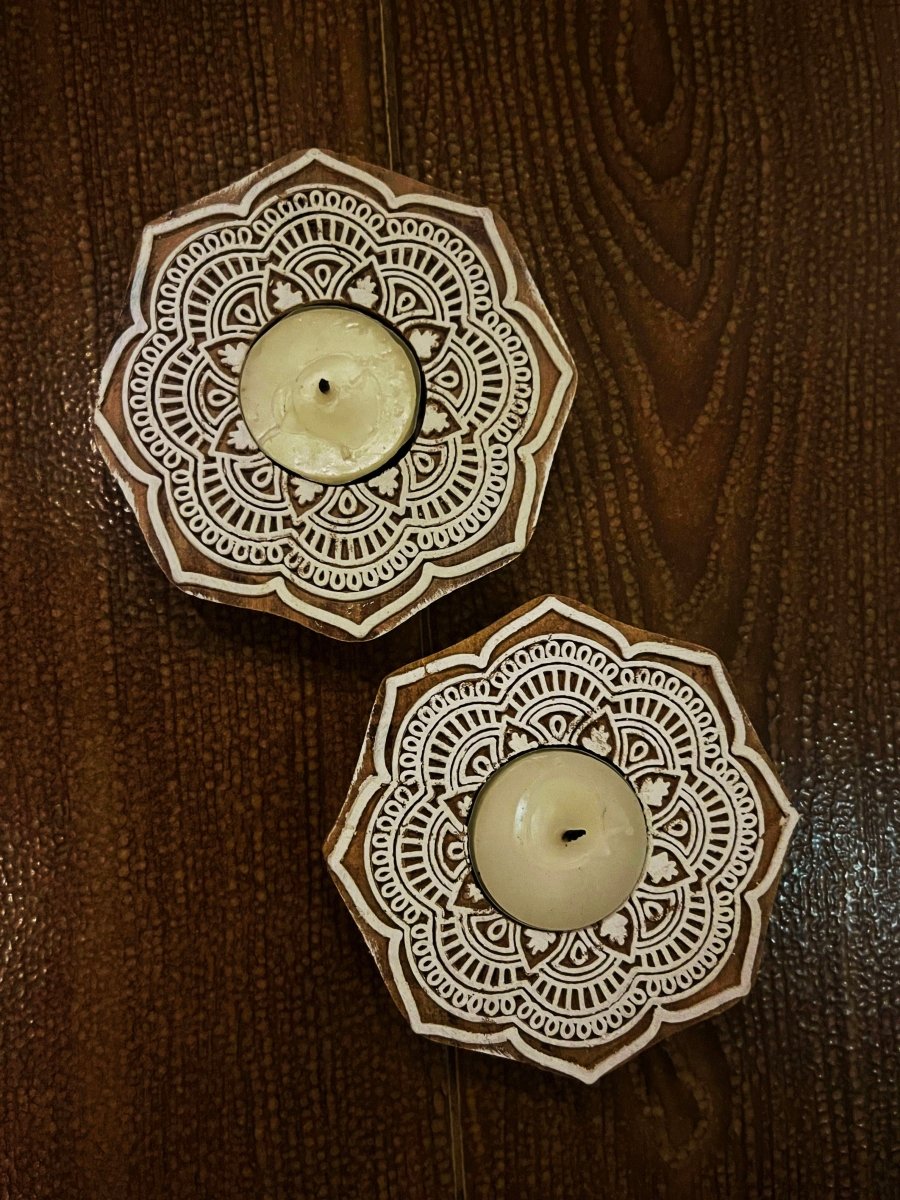 Handcrafted Wooden Diya | Tea light holders | Flower Design | Verified Sustainable by Brown Living™