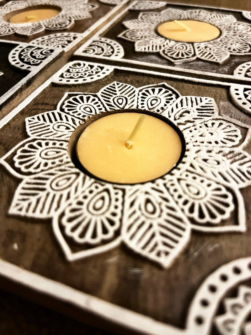 Buy Handcrafted Wooden Diya | Tea light holders | Square Rangoli Design | Shop Verified Sustainable Gift on Brown Living™