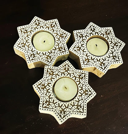 Handcrafted Wooden Diya | Tea light holders | Star Design | Verified Sustainable by Brown Living™