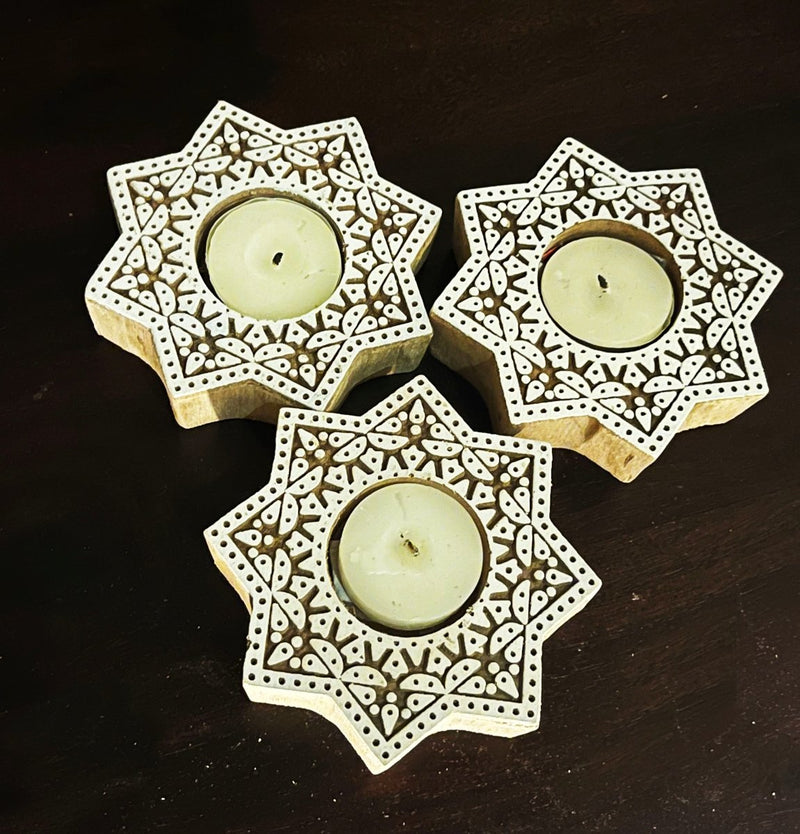 Buy Handcrafted Wooden Diya | Tea light holders | Star Design | Shop Verified Sustainable Gift on Brown Living™