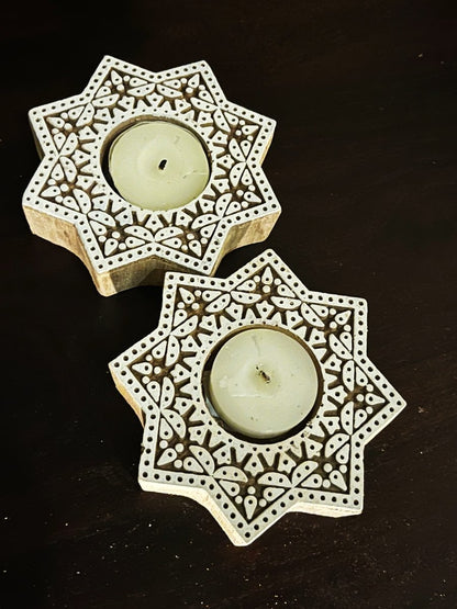 Handcrafted Wooden Diya | Tea light holders | Star Design | Verified Sustainable by Brown Living™