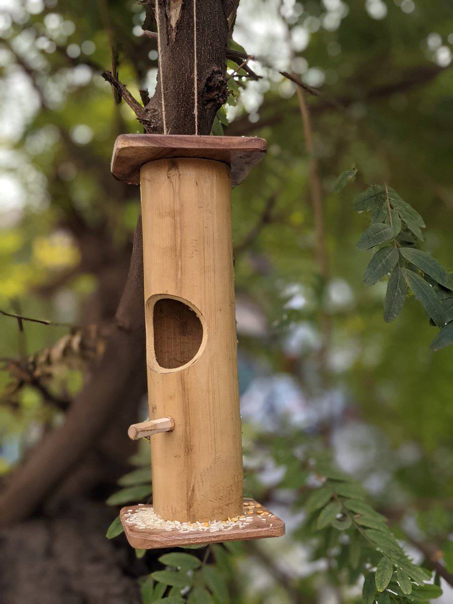 Handmade Bamboo Bird Feeder with Hanging Rope | Verified Sustainable by Brown Living™