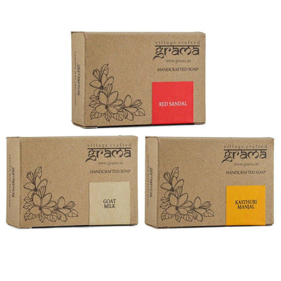 Handmade Goat Milk Soap, Red Sandal Soap, Kasthuri Manjal Soap, Combo Pack for Healthy Skin – Body Soap on Brown Living™. SKU: 248 - 10806 - GMASOAPCOMBO_GTM_RED_KSTRI. Img 1.