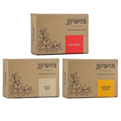 Handmade Goat Milk Soap, Red Sandal Soap, Kasthuri Manjal Soap, Combo Pack for Healthy Skin – Body Soap by Grama available on Brown Living™. . SKU: 248 - 10806 - GMASOAPCOMBO_GTM_RED_KSTRI. Img 1.