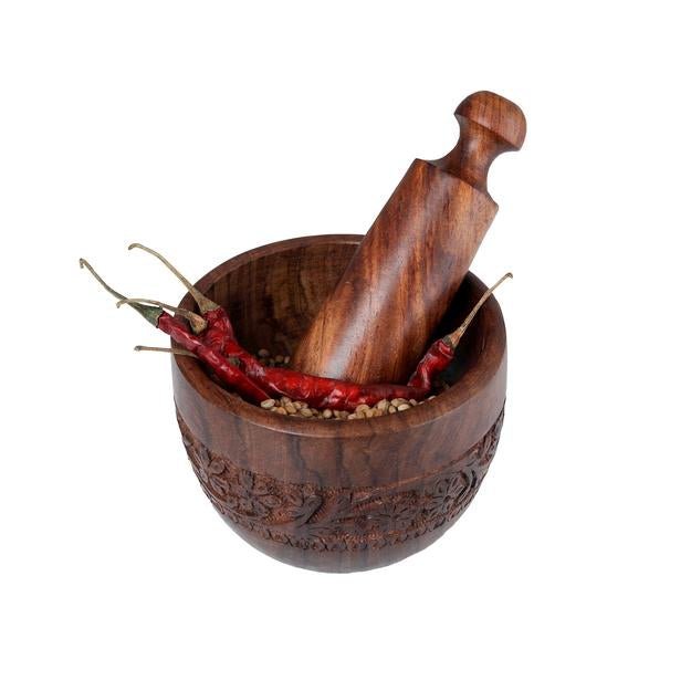 Buy Handmade Wooden Mortar Pestle with Intense Carving | Shop Verified Sustainable Products on Brown Living
