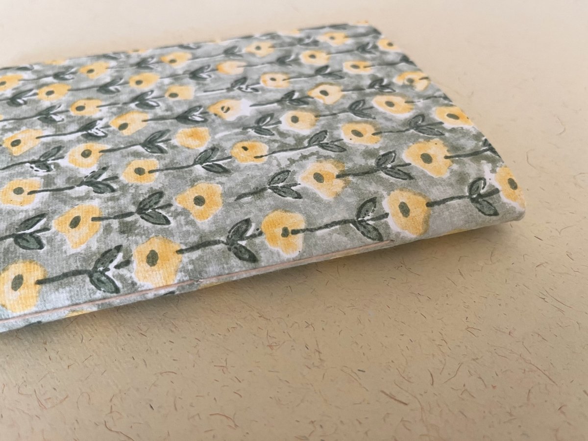 Handmade yellow flower block print journal, Eco - friendly notebook, Sustainable, Upcycled cotton rag paper | Verified Sustainable by Brown Living™