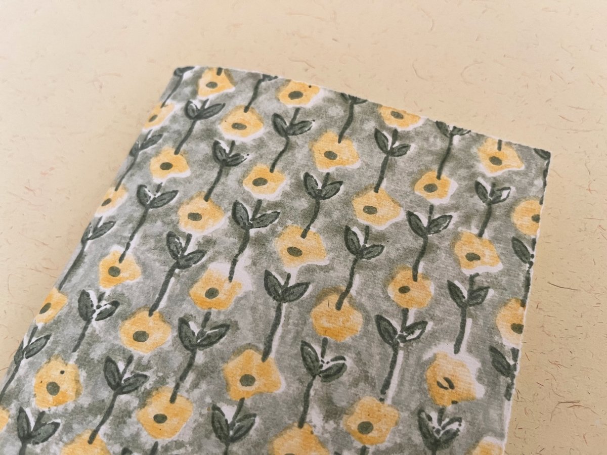 Handmade yellow flower block print journal, Eco - friendly notebook, Sustainable, Upcycled cotton rag paper | Verified Sustainable by Brown Living™