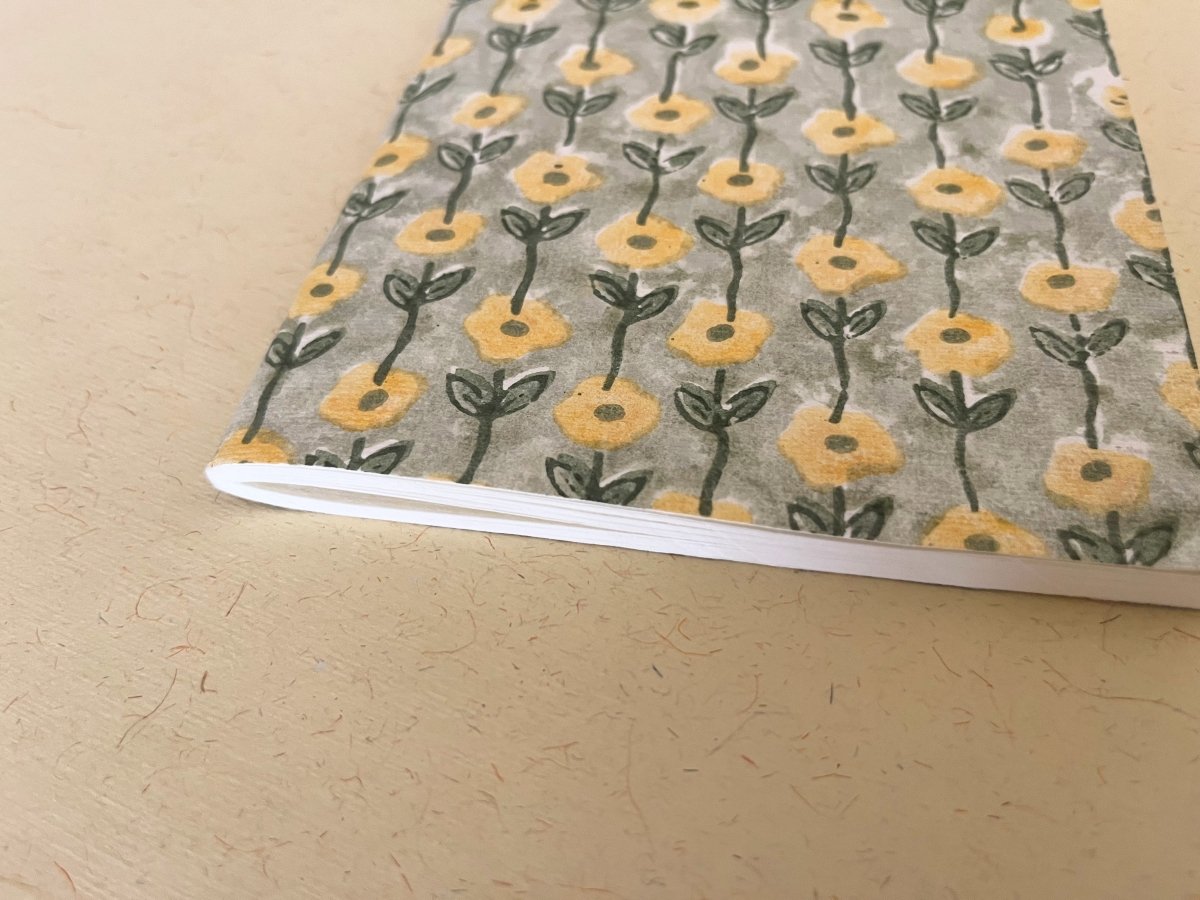 Handmade yellow flower block print journal, Eco - friendly notebook, Sustainable, Upcycled cotton rag paper | Verified Sustainable by Brown Living™