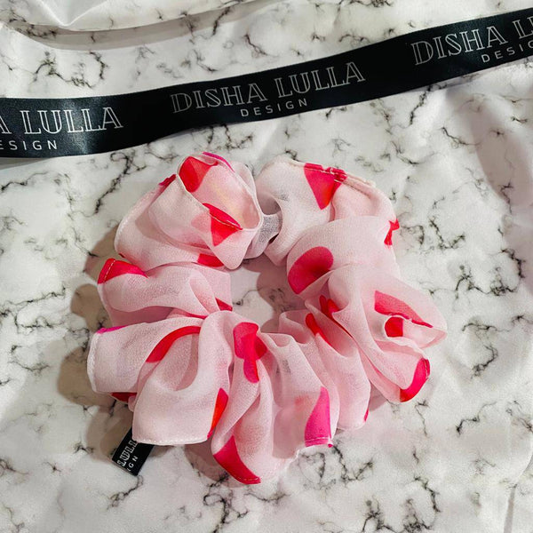Buy Heart Print Chiffon Scrunchie | 2 scrunchies free on Disha Lulla Design products worth 500 | Shop Verified Sustainable Hair Styling on Brown Living™