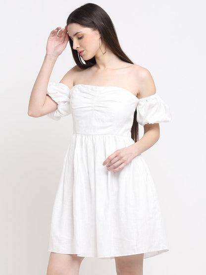 Hemp White Off Shoulder Mini Dress | Verified Sustainable by Brown Living™