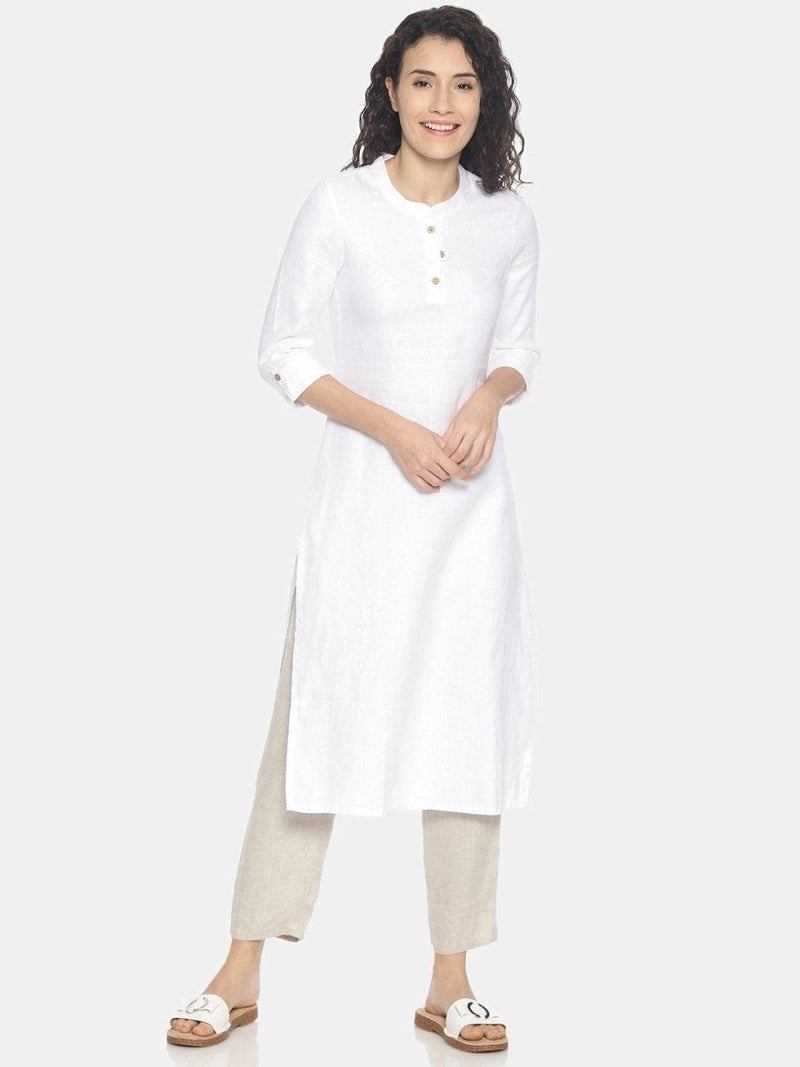 Buy Herringbone White Colour Solid Hemp Straight Long Kurta For Women | Shop Verified Sustainable Womens Kurta on Brown Living™