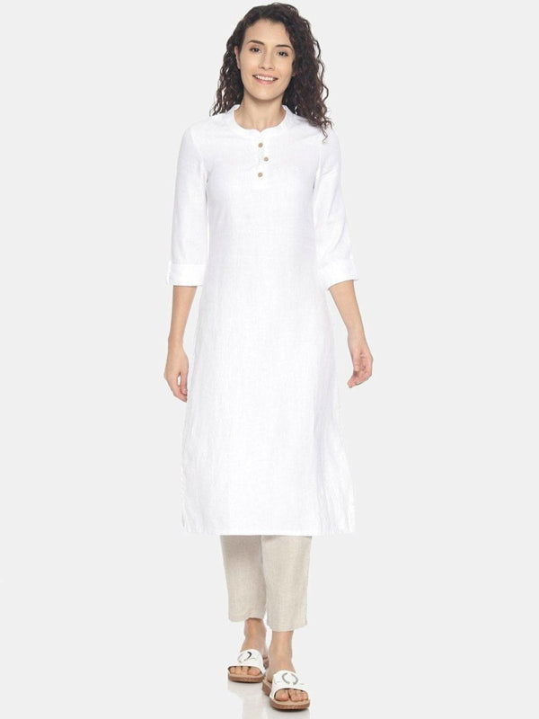 Buy Herringbone White Colour Solid Hemp Straight Long Kurta For Women | Shop Verified Sustainable Products on Brown Living