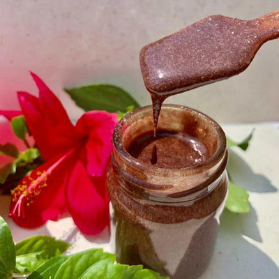 Hibiscus & Wheat Protein Hair Mask – Hair Mask on Brown Living™. SKU: AM1029. Img 2.