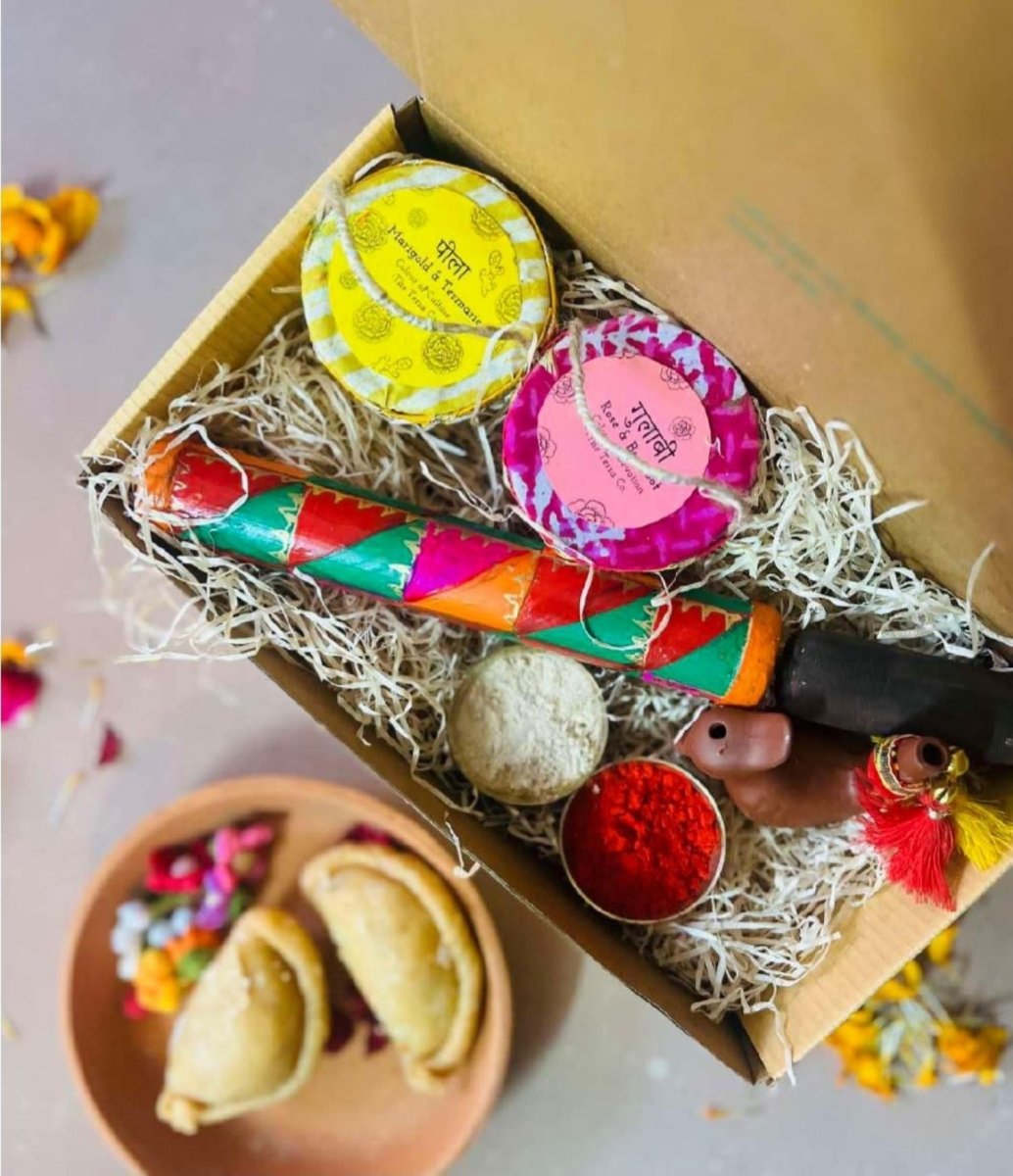 Holi Gift Box | Gulaal | Metal Pichkari | Tilak | Phirki | Terracotta whistle | Verified Sustainable by Brown Living™